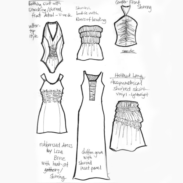Fashion design techniques showing vertical panels and diagonal cuts in black and white dress construction