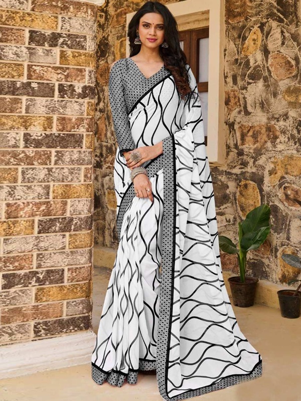 White and black georgette saree with modern digital wavy pattern in contemporary traditional drape