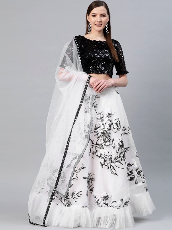 Semi-stitched lehenga with black sequin blouse white-black foil print flared skirt and mirror border dupatta