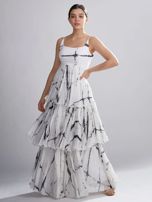 White and black Shibori tie-dye georgette layered dress with abstract marble print pattern