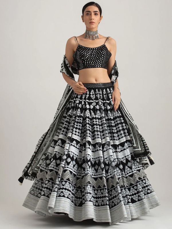 Black and white Yin Yang mirror work lehenga set with phulkari thread embroidery and sequin details