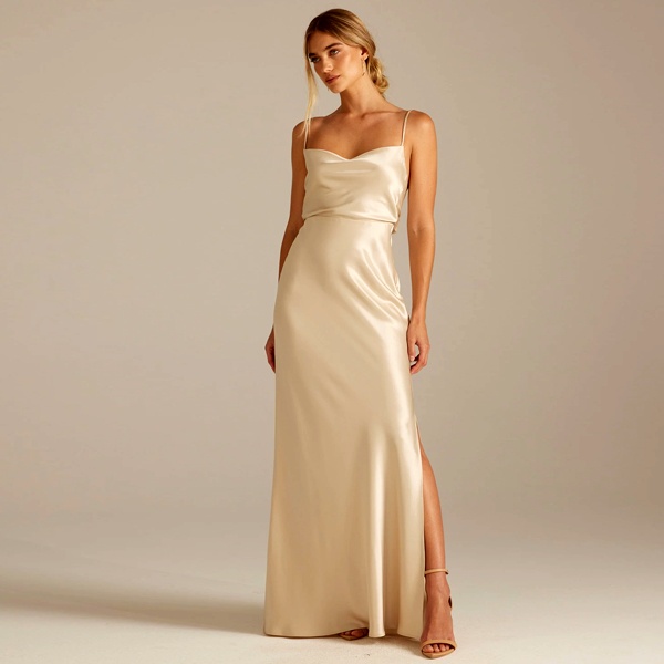 Luxurious champagne satin gown inspired by runway fashion for Christmas parties
