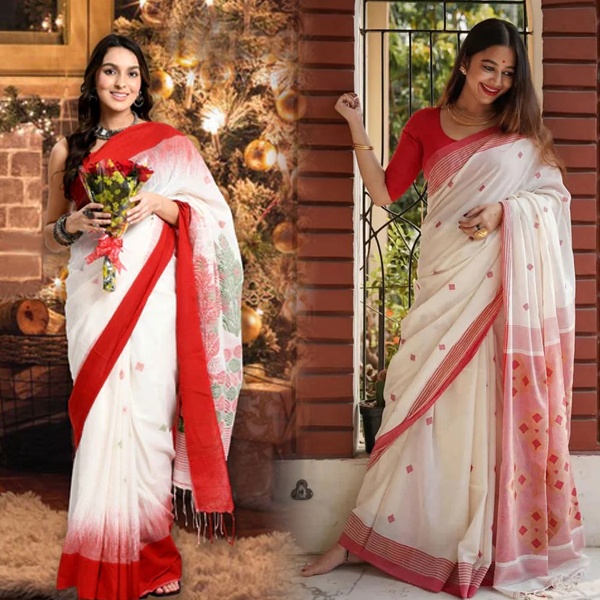 Traditional organza silk saree with elegant draping for Christmas celebrations