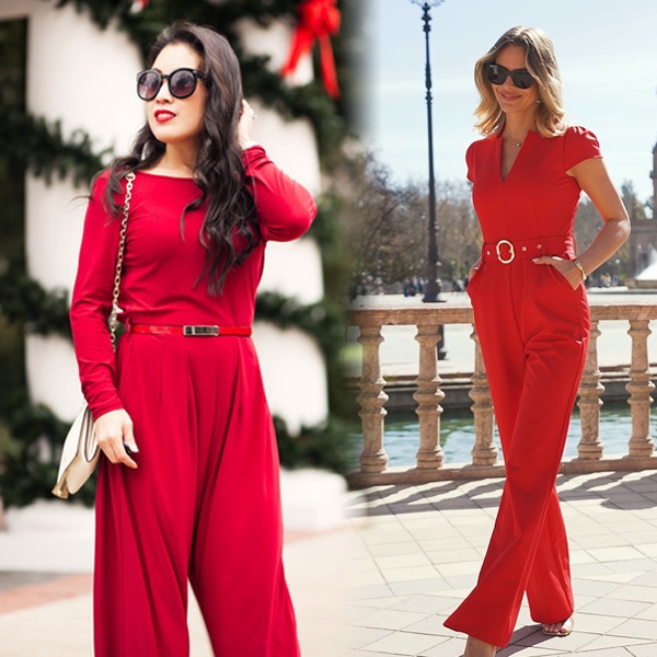 Sleek red colored belted jumpsuit paired with heels for Christmas celebrations