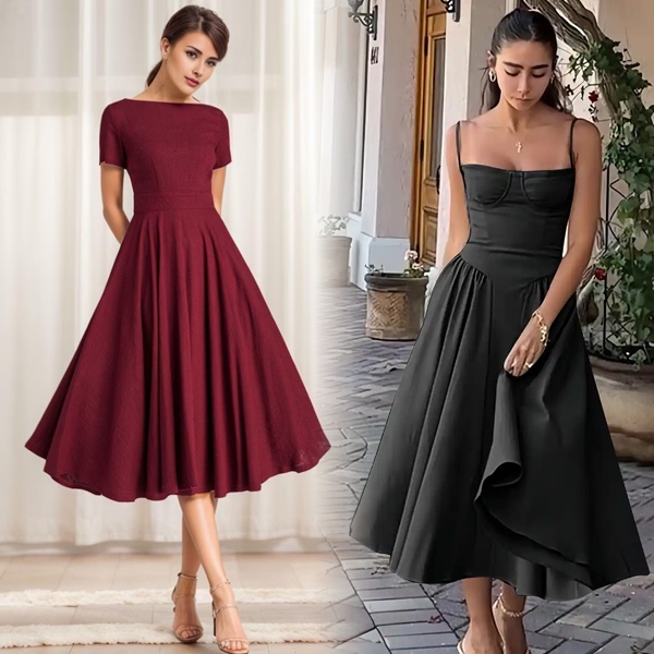 Comfortable fit and flare midi plain dress for Christmas family gatherings