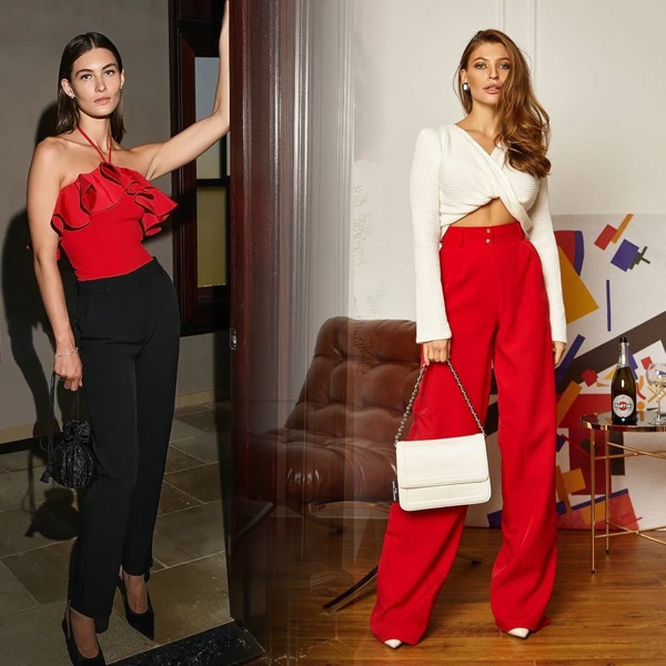 High-waisted black trousers paired with festive top for Christmas parties