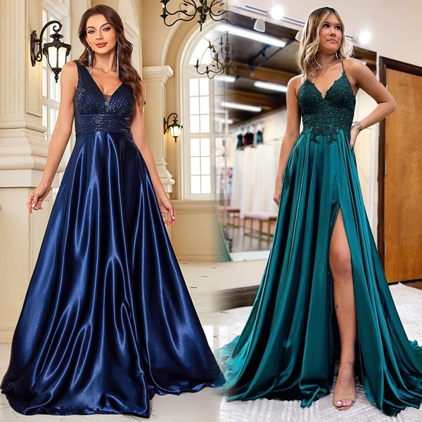 Refined navy blue satin A-line dress for formal Christmas dinners and events