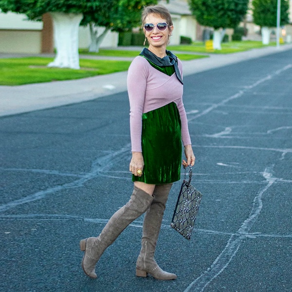 Chic texture mixing with velvet and knit fabrics for elegant Christmas styling