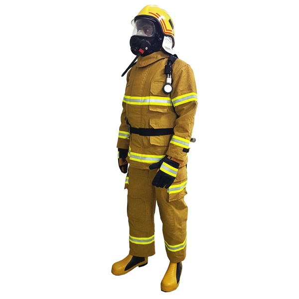 Advanced firefighting suit with Nomex and Kevlar layers providing life-saving protection from extreme heat and flames Advanced firefighting suit with Nomex and Kevlar layers providing life-saving protection from extreme heat and flames