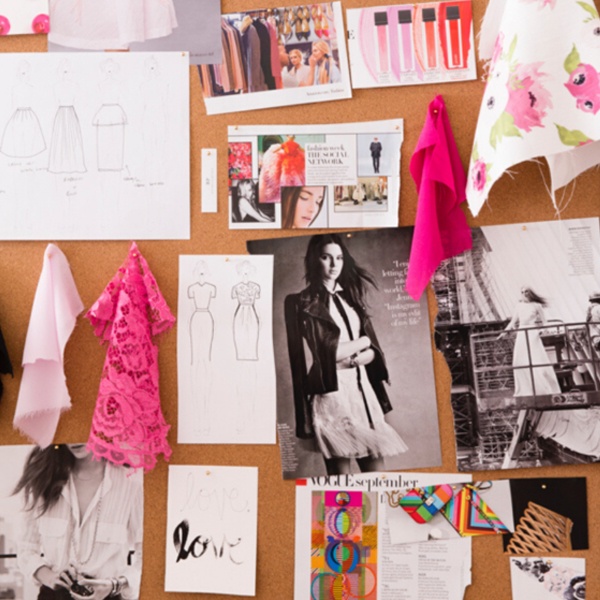 Fashion mood board featuring fabric textures, color swatches and style inspiration arranged creatively
