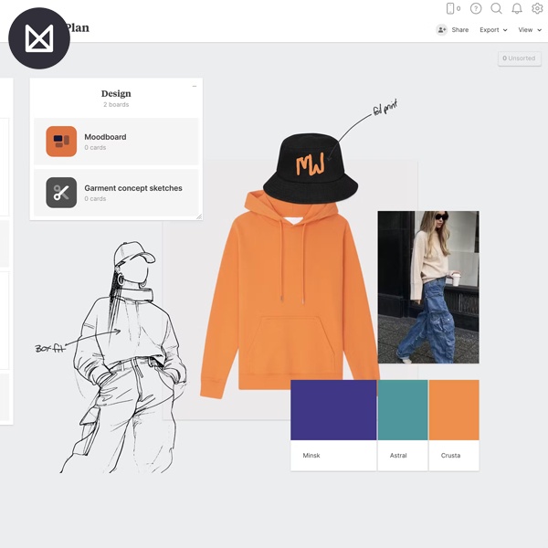 Designer organizing fashion project ideas and inspiration images using Milanote digital workspace interface