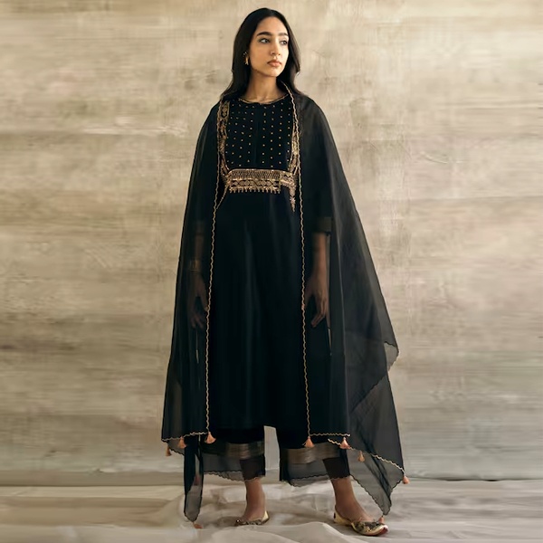 Black Chanderi silk kurta with palazzo pants and embroidered dupatta for Diwali 2026 Black Chanderi silk kurta with palazzo pants and embroidered dupatta for Diwali 2026