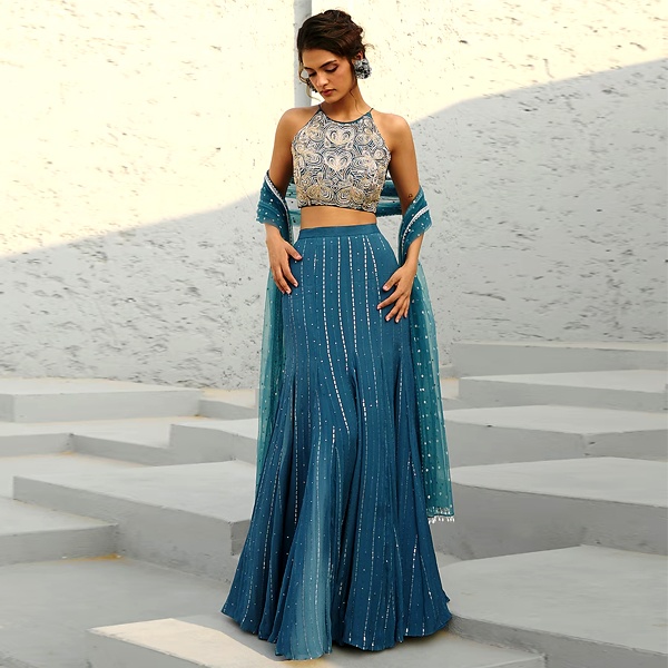 Blue georgette sequin lehenga choli with intricate embroidery for Diwali celebration 2026 Blue georgette sequin lehenga choli with intricate embroidery for Diwali celebration 2026