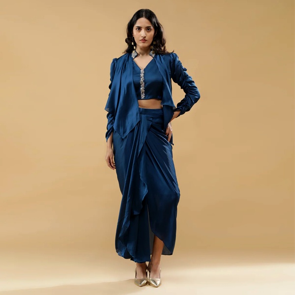 Blue satin silk Indo-Western fusion dress with glossy finish for Diwali party 2026 Blue satin silk Indo-Western fusion dress with glossy finish for Diwali party 2026