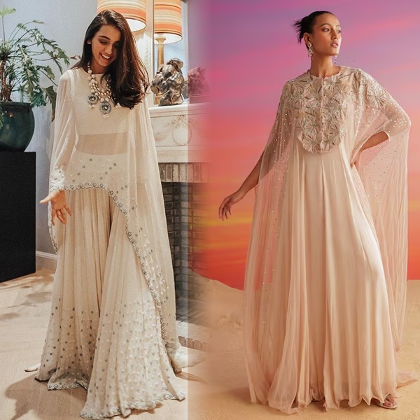 Modern cape style Indo-Western gown with ethnic embroidery for Diwali party 2026 Modern cape style Indo-Western gown with ethnic embroidery for Diwali party 2026