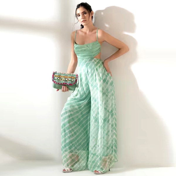 Green tie-dye ethnic jumpsuit with square neckline - contemporary Diwali fashion 2026 Green tie-dye ethnic jumpsuit with square neckline - contemporary Diwali fashion 2026
