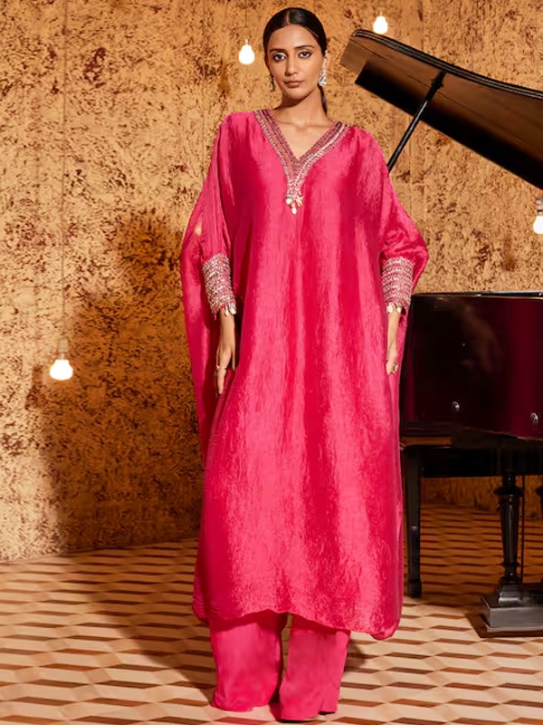 Hot pink sequin embroidered kaftan dress with V-neckline for relaxed Diwali comfort Hot pink sequin embroidered kaftan dress with V-neckline for relaxed Diwali comfort