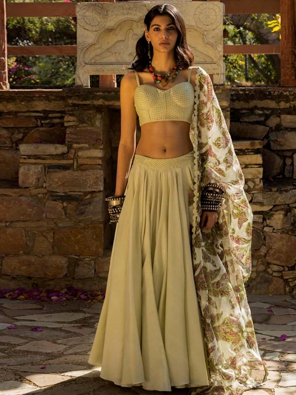 Mint green lehenga with fine resham embroidery and printed dupatta for Diwali 2026 Mint green lehenga with fine resham embroidery and printed dupatta for Diwali 2026