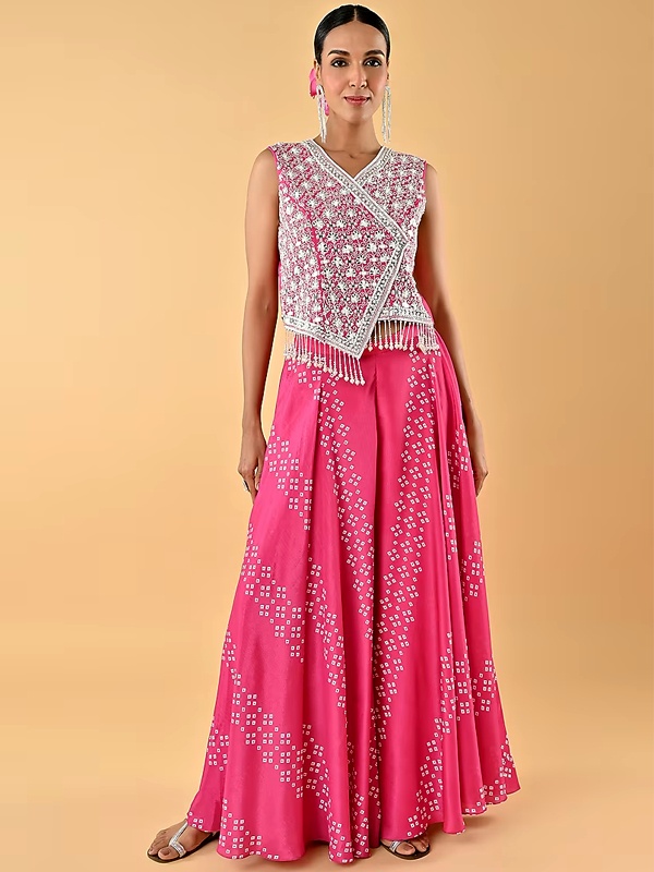 Pink bandhani printed chiffon palazzo set with mirror work for Diwali celebration Pink bandhani printed chiffon palazzo set with mirror work for Diwali celebration