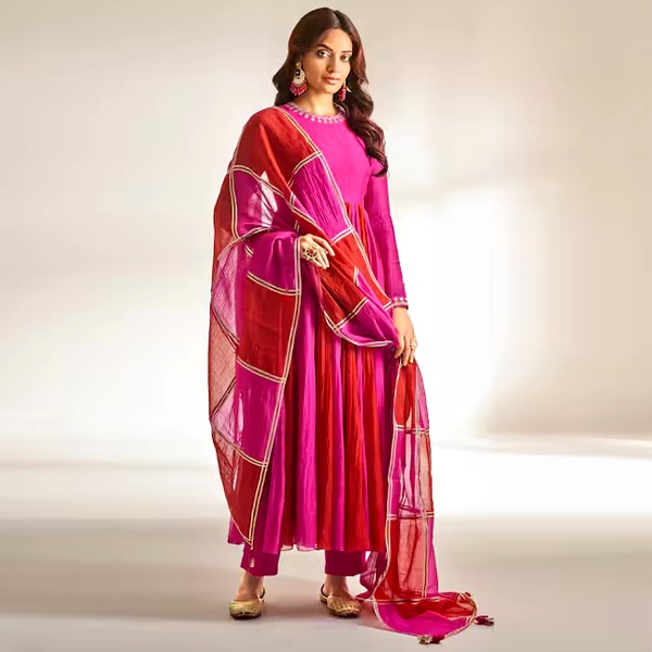 Pink gota patti Anarkali suit with traditional zari work for Diwali evening celebrations Pink gota patti Anarkali suit with traditional zari work for Diwali evening celebrations