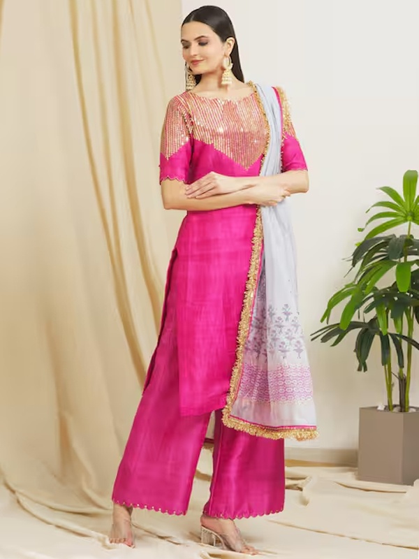 Pink raw silk sequin kurta palazzo with Chanderi dupatta for elegant Diwali styling Pink raw silk sequin kurta palazzo with Chanderi dupatta for elegant Diwali styling