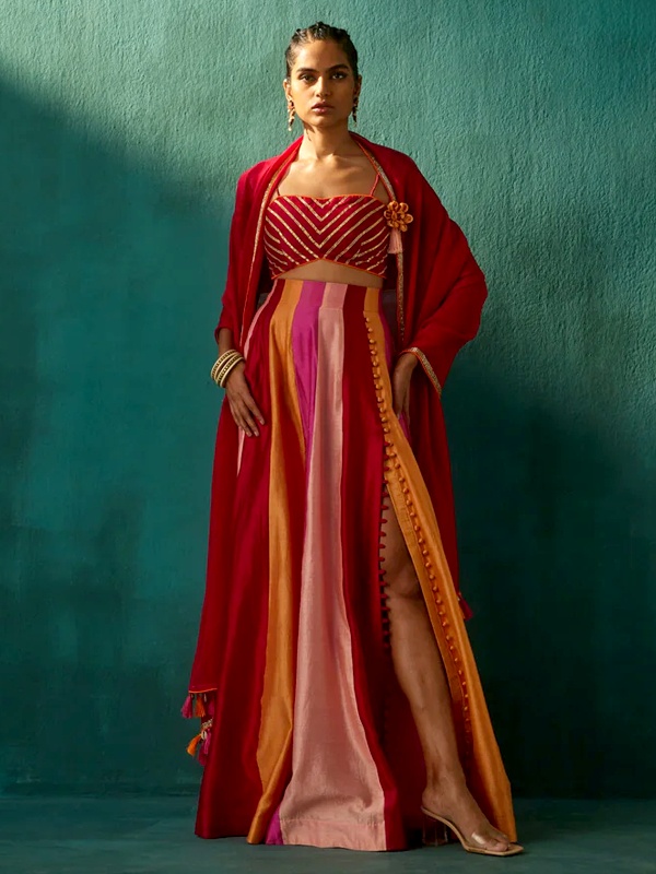 Red color blocked Chanderi silk lehenga with metal gota accents for Diwali 2026 Red color blocked Chanderi silk lehenga with metal gota accents for Diwali 2026