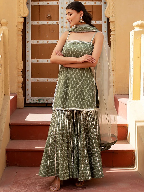 Sage green hand block printed cotton sharara with gota patti detailing for Diwali Sage green hand block printed cotton sharara with gota patti detailing for Diwali