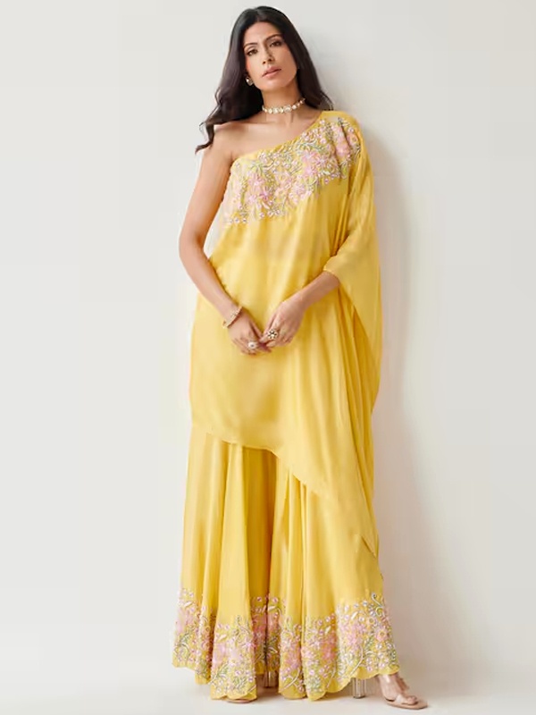 Yellow one shoulder silk sharara with resham embroidery and scalloped hem for Diwali Yellow one shoulder silk sharara with resham embroidery and scalloped hem for Diwali