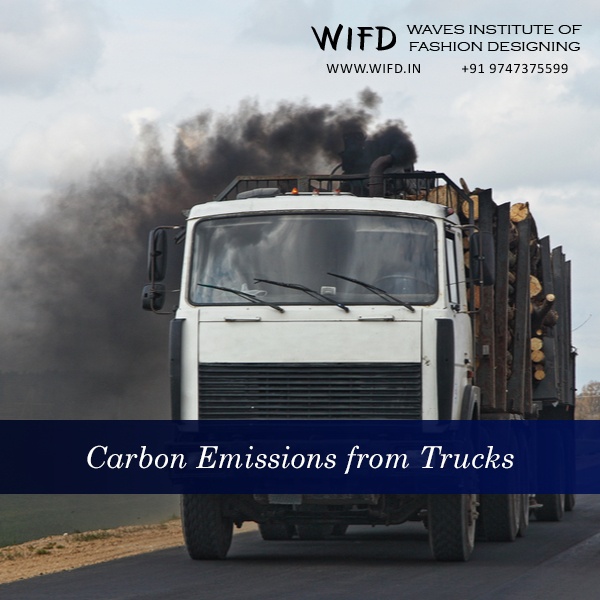 Trucks transporting clothing materials creating carbon emissions in global fashion supply chain logistics Trucks transporting clothing materials creating carbon emissions in global fashion supply chain logistics