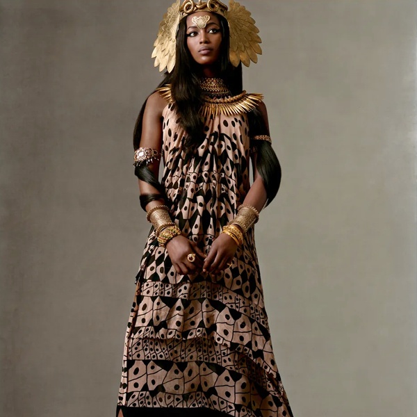 Fashion inspired by King Tutankhamun treasures 1990's American tour featuring hieroglyphic prints dramatic gold jewelry Cleopatra-inspired makeup ancient Egyptian aesthetics in modern design