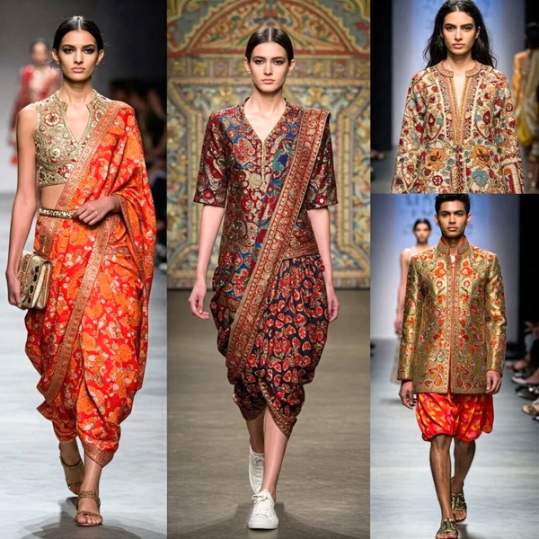 Indian handloom textiles on international fashion runways featuring Banarasi silk from Varanasi with zari work Kanchipuram silk from Tamil Nadu and Ajrakh block prints showcasing sustainable craftsmanship