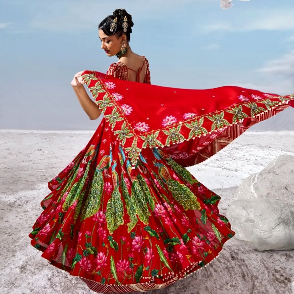Cultural symbolism in Indian fashion showing meaning behind colors red prosperity yellow spirituality white purity and traditional motifs peacock lotus paisley Buta representing values myths and heritage