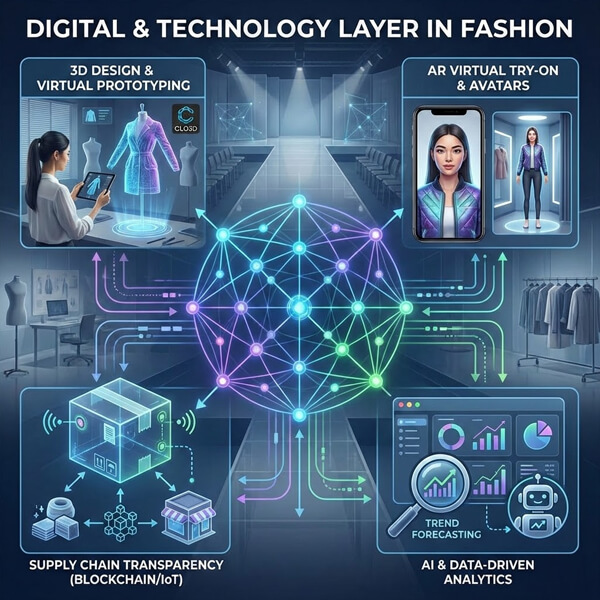 Digital and technology layer in fashion industry featuring AI, virtual try-ons, e-commerce and metaverse fashion