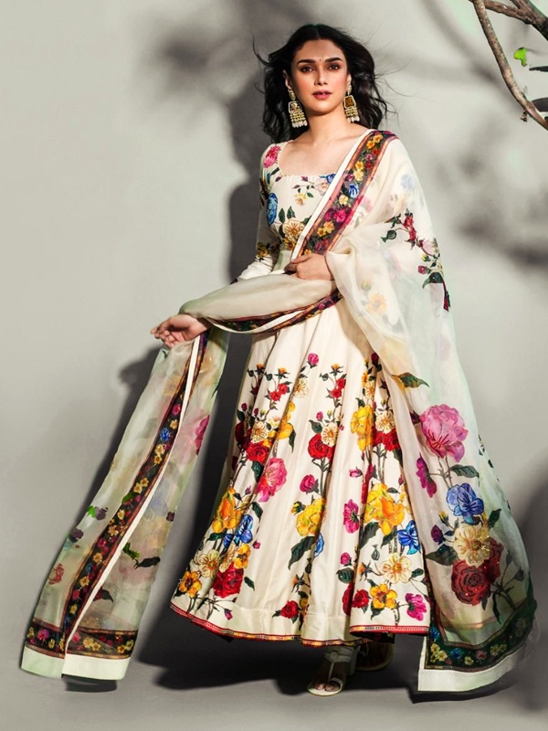 Aditi Rao Hydari wearing designer Rohit Bal floral print anarkali suit for ethnic fashion inspiration