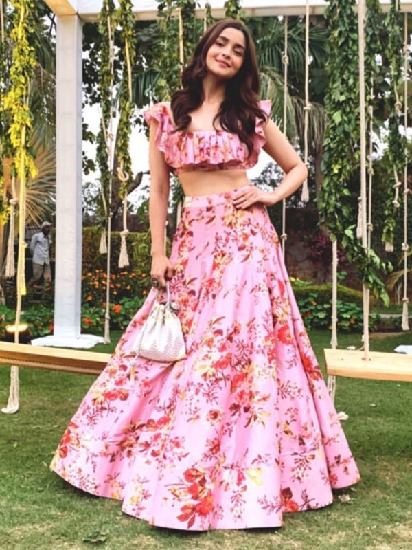 Alia Bhatt in stunning pink floral print lehenga choli for Indian wedding ethnic wear inspiration