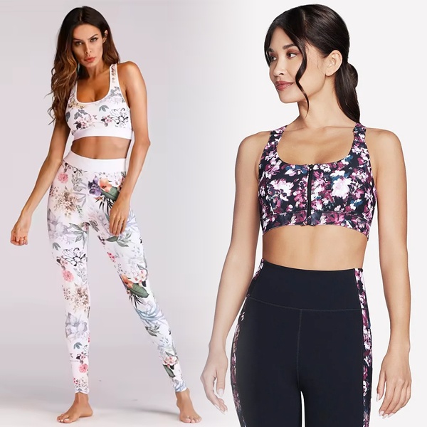 Modern athleisure outfit with digital floral print bike shorts and matching sports bra for gym fashion
