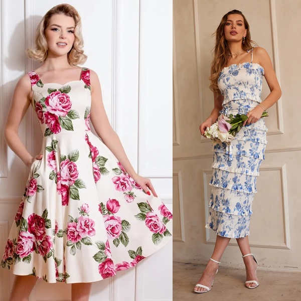 Elegant dress featuring botanical floral illustrations of roses, lilies and peonies in sophisticated style