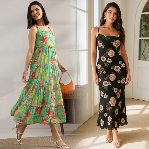 Style guide showing how different floral print scales flatter petite and curvy body frames