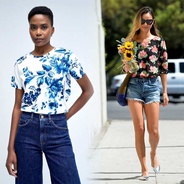 Casual festival outfit with floral print elements on white tee and denim shorts for outdoor events