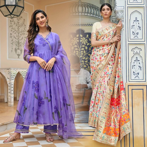 Indian ethnic wear featuring traditional floral prints on saree and fusion garments showcasing heritage textiles