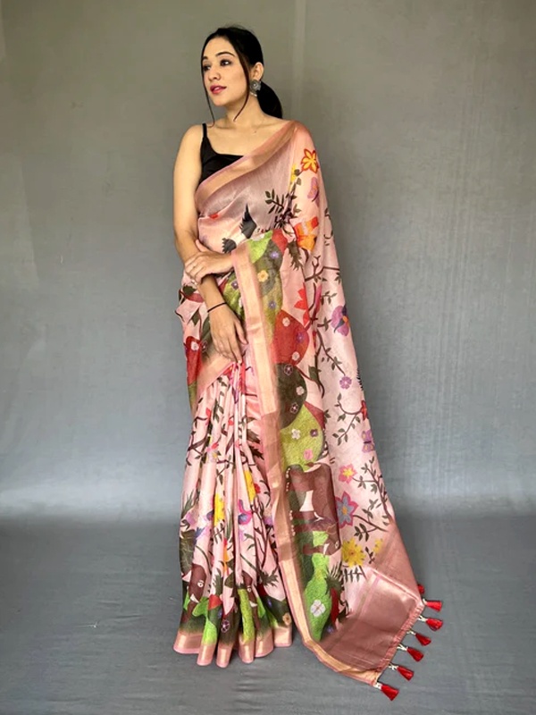 Light pink tissue saree with abstract floral print, gold zari border and tassel pallu for festive ethnic fashion