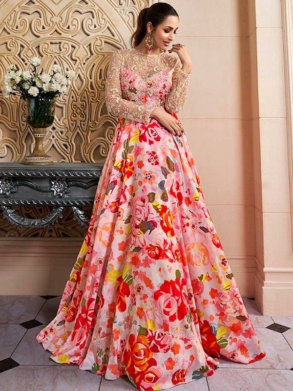 Malaika Arora in elegant floral printed thread work fit and flare dress for glamorous evening style