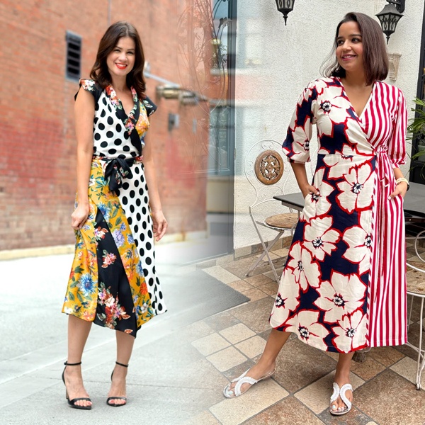 Fashion styling showing floral print successfully mixed with polka dot pattern for creative look