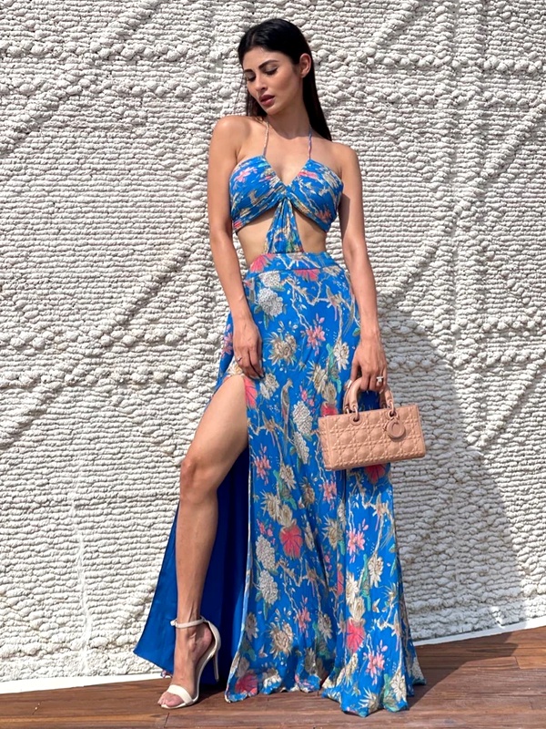 Mouni Roy in bold floral print cutout gown with thigh-high slit for glamorous red carpet fashion