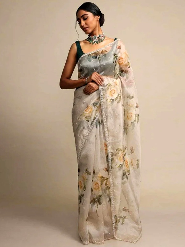 Sheer organza saree with hand-printed pastel floral design and gold zardosi border for elegant ethnic wear