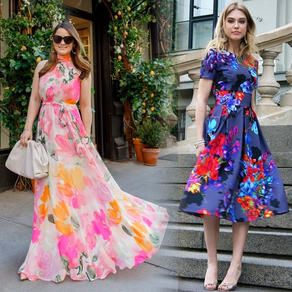 Color coordination guide showing warm and cool-toned floral prints paired with complementary accessories