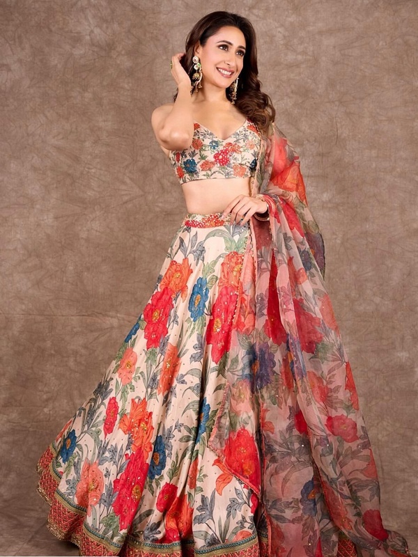 Pragya Jaiswal in contemporary floral print lehenga with cropped blouse for modern ethnic wear