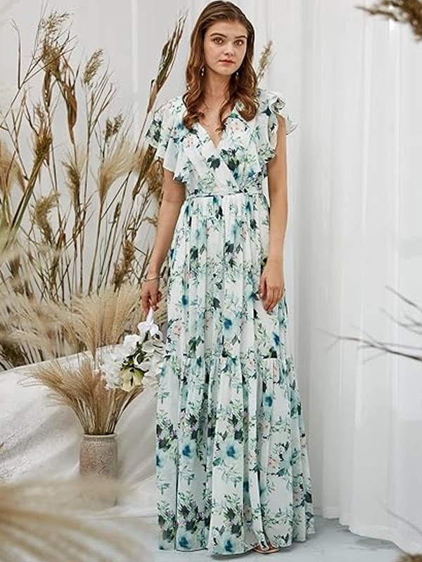 White chiffon evening gown with sage green floral print, scallop sleeves and V-neck for formal occasions