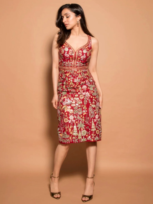 Shraddha Kapoor in artistic red hand-painted Pichhwai floral silk dress showcasing traditional Indian art