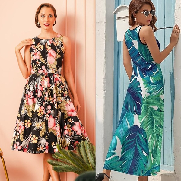 Vibrant tropical floral print with hibiscus flowers and palm leaves on resort wear dress